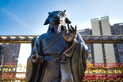 Kowloon, Hong Kong - 02.12.2020 : traditional Chinese statues of Goat Chinese zodiac animal signs in Wong Tai Sin Temple photo