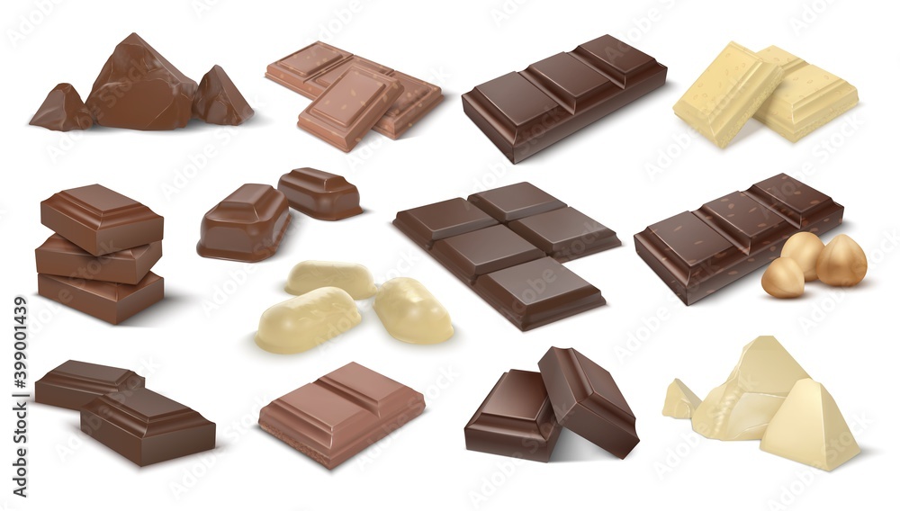 Dark and milky chocolate pieces. Realistic 3D cocoa dessert. Confectionery with nuts, isolated sweet snack assortment. Candies from natural ingredients. Food product advertising templates, vector set