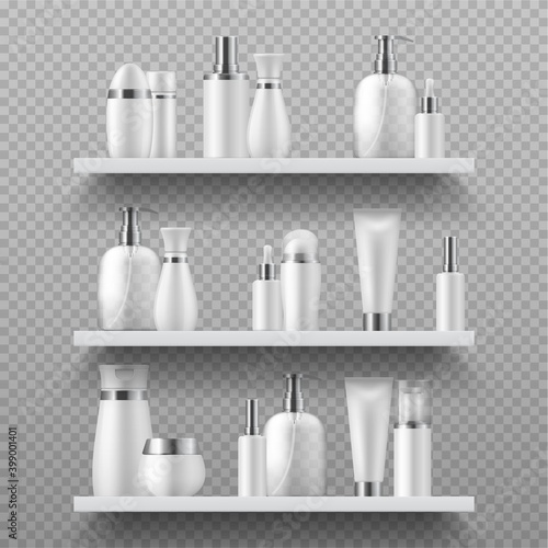 Cosmetic bottles on shelf. Realistic beauty products empty packaging. 3D blank containers for liquid lotions and shampoos, soap or moisturizers on transparent background. Vector skin care and hygiene