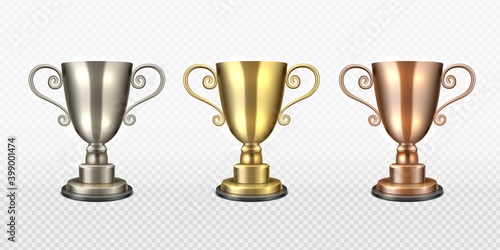 Gold silver and bronze trophy cup. Realistic champion awards, first, second, third place, championship winners golden sports or music award ceremony, symbol of leadership and success vector 3d set