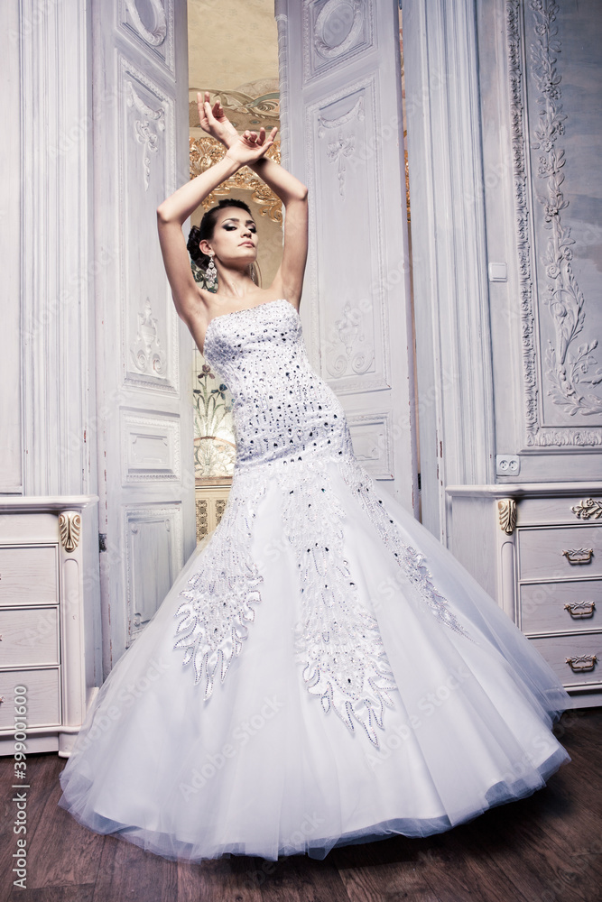 Beautiful bride in a white wedding dress in a light old classic interior Beautiful bride in a white wedding dress in a light old classic interior