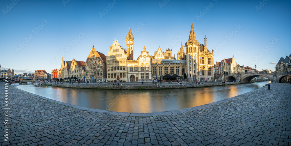 Ghent old town panorama in afternoon light. Belgium - long exposure