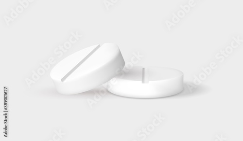 Realistic white pills. 3D medicament drugs. Isolated round scored medicines template with overlay shadow effect. Pharmaceutical advertising and copy space. Pharmacy merchandise, vector illustration