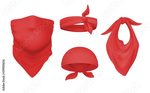 Red bandana and buff. Realistic headband and scarf. Trendy ways to wear kerchief on head and neck or face. Isolated unisex accessory. Smooth textile material. Decorative neckerchief, vector set photo