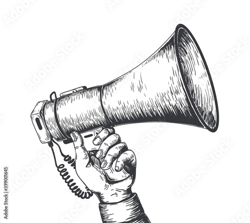 Retro hand drawn megaphone. Realistic sketch of loudspeaker. Man holding sound equipment in hands. Electronic device for increase voice volume. Audio broadcasting. Vector engraving flat illustration