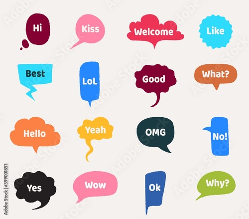 Speech bubbles. Cartoon talk cloud with text. Short emotional phrases. Interrogative and greeting lettering, words for expressing agreement or disagreement. Isolated colorful web stickers, vector set
