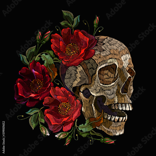 Embroidery human skull and red roses flowers. Halloween art. Medieval style. Fashion clothes template and t-shirt design. Dark gothic art