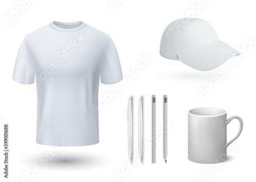 Souvenirs mockup. Realistic white t-shirt and cap, mug and pens. 3D blank templates for brand identity. Collection of stationary, clothing and utensil with logo place. Vector corporate marketing set