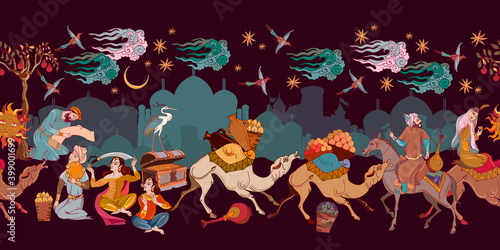 Middle East. Fairy tales and legends. Seamless patern. Persian frescoes. Medieval miniature. Mughal art. Ottoman Empire book miniature. Thousand and One Nights. Ancient civilization murals