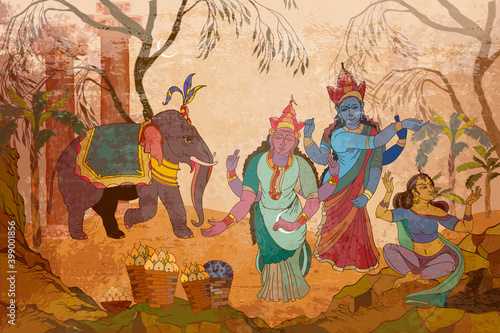 Gods of India. Mythology, tradition and history. Dancing goddesses in the jungle. Ancient frescoes. Traditional indian mural paintings style. Old Asian culture art
