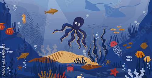 Ocean underwater. Cartoon sea animals and seaweeds. Undersea landscape. Funny marine fish and octopus, crabs and stingrays. Happy reef dwellers. Tropical warm water inhabitants, vector illustration