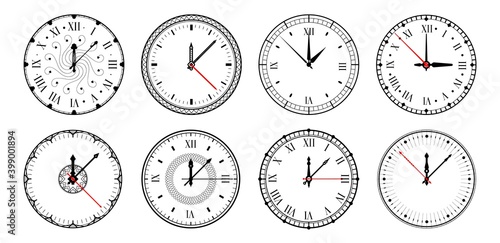 Clock. Realistic watches, circle dial with roman numbers and arrows. Isolated retro chronometer design. Outline timepiece with hour, minute and second hands. Round mechanical clockwork, vector set