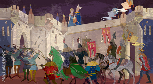 Medieval war scene. Crusaders in an armor. Soldiers of the kingdom. Ancient book vector illustration. Knightly tournament. Middle Ages, parchment concept. Historical miniature art
