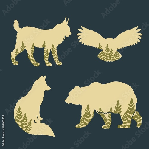 Set of animal silhouettes lynx, bear, owl, fox
