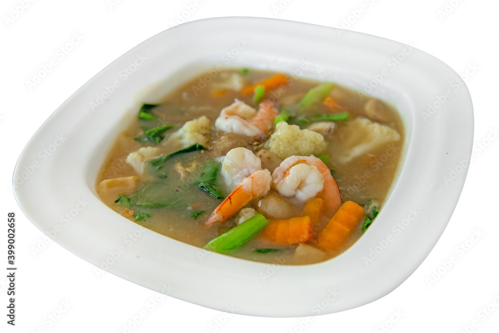 Die cut of Noodles with seafood and shrimp in Gravy Sauce on white isolated. Die cut of Noodles with seafood and shrimp in Gravy Sauce on white isolated.