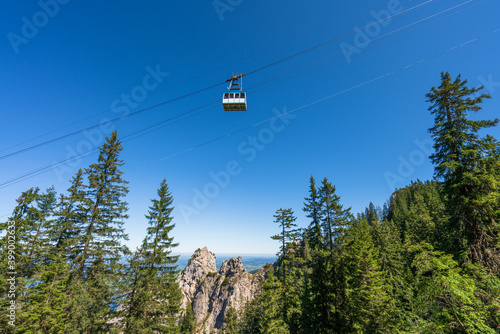 Cable car between trees on blue sky