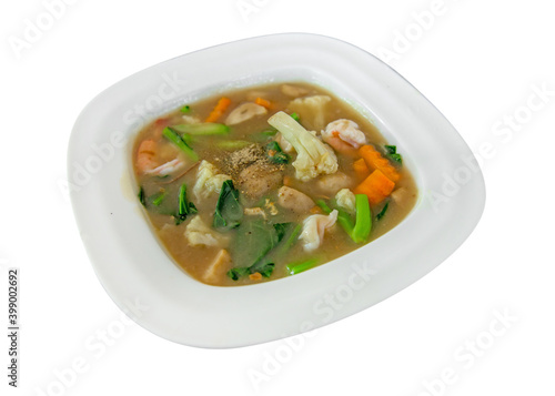 Die cut of Noodles with seafood and shrimp in Gravy Sauce on white isolated.