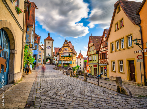 Traditional German architecture of Rothenburg ob der Tauber city with timbered houses in morning light. Bavaria  Germany