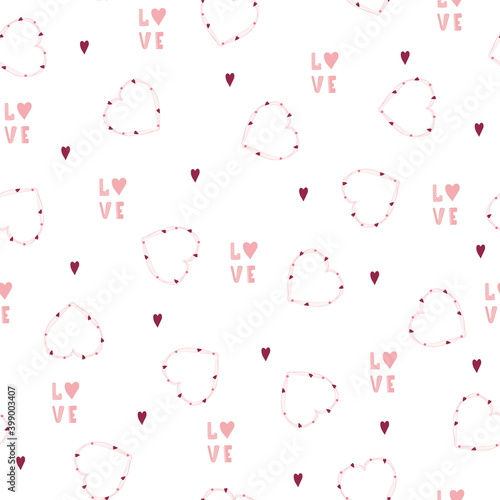 Seamless pattern for Valentines day. Handwritten hearts and lettering. Cute romantic background. Vector Illustration in flat cartoon style.