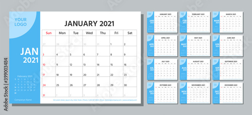 Planner 2021 year. Calendar template. Week starts Sunday. Vector. Yearly stationery organizer. Table schedule grid. Calender layout. Horizontal monthly diary with 12 month. Simple illustration.