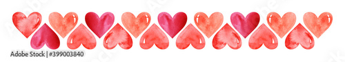 Watercolor central border template of colorful hearts of red shades on white background. Beautiful decorative elements in shape of hearts positioned in two rows with mirror arrangement to each other