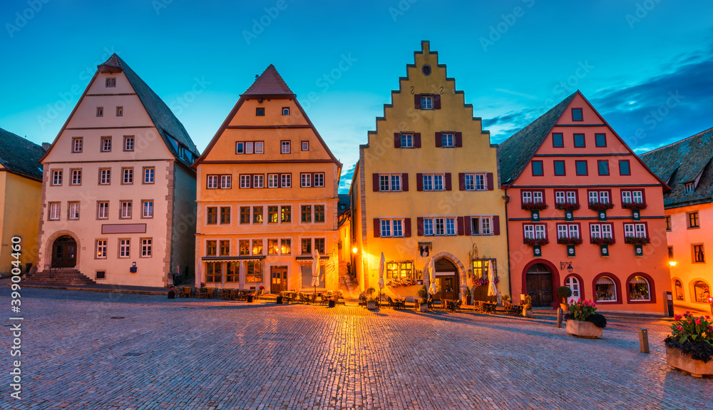 Traditional architecture near the market square of Rothenburg ob der Tauber at dawn, Germany 