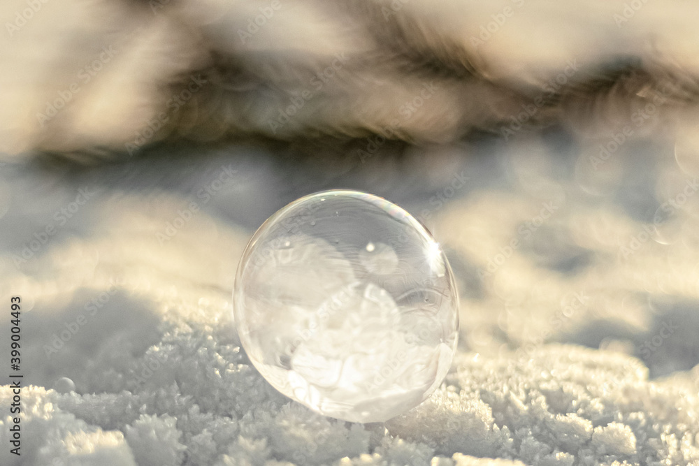 Frozen bubble with ice crystals on snow with fir branch at sunset. Christmas background Frozen bubble with ice crystals on snow with fir branch at sunset. Christmas background