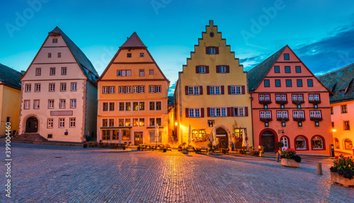 Traditional architecture near the market square of Rothenburg ob der Tauber at dawn, Germany 