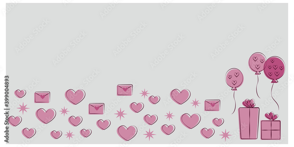 Valentine’s Day concept decoration with heart symbol, letters, gift boxes and balloons. Illustration of heart icons. Vector illustration. バレンタインイラスト、ハート、ギフト、プレゼントイラストデザイン