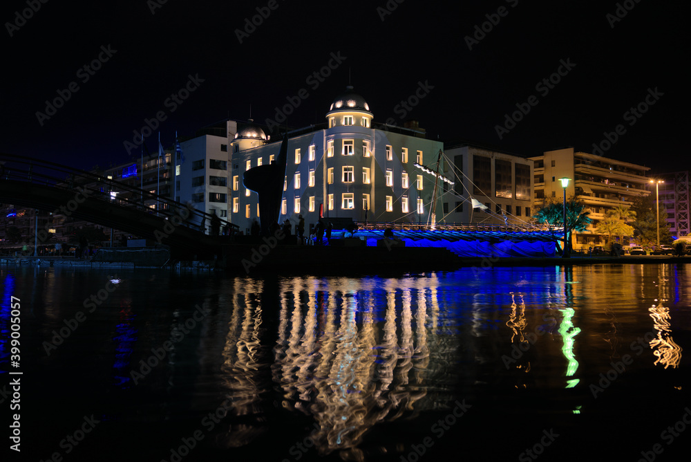  Greece, city of Volos,12-12-2020, the city of Volos decorated for the Christmas holidays. The University of Volos and a replica of the mythical ship Argo.