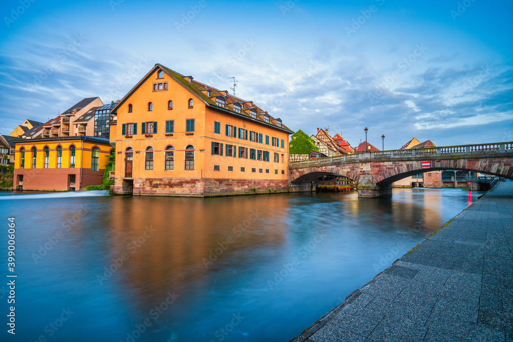 Old town water canal of Strasbourg, Alsace, France. Traditional half timbered houses of Petite France in the morning