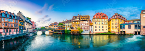 Old town water canal panorama of Strasbourg, Alsace, France. Traditional half timbered houses of Petite France