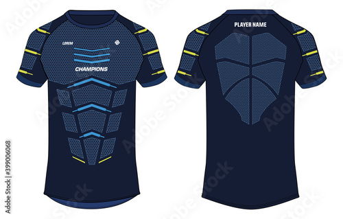 Sports t-shirt jersey design concept vector template, sports jersey concept with front and back view for Soccer, Cricket, Football, Volleyball, Rugby, tennis, badminton and e-sports uniform.