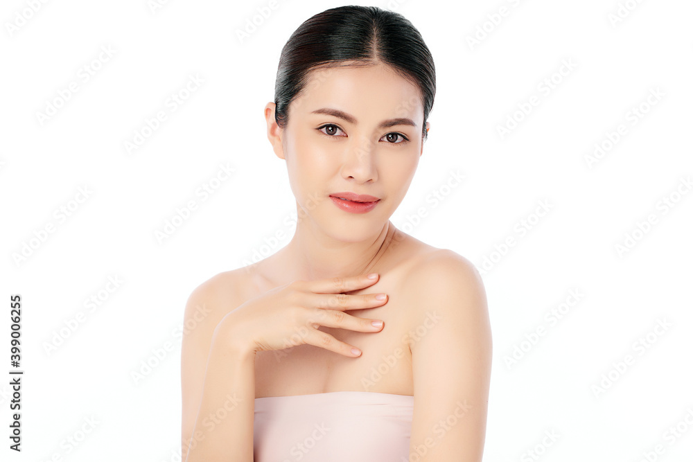 Beautiful Young asian Woman with Clean Fresh Skin, on Pink background, Face care, Facial treatment. Cosmetology, beauty and spa. Asian women portrait