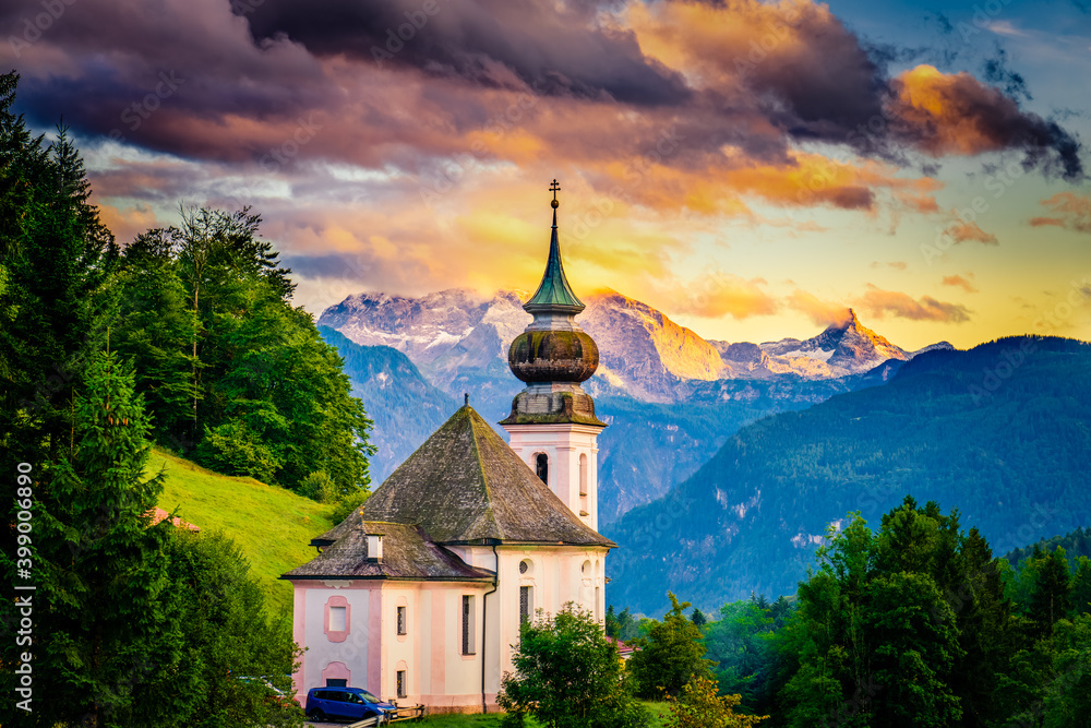 Fototapeta premium Maria Gern church at sunset with famous Watzmann summit in the background. Berchtesgadener Land in Bavaria, Germany