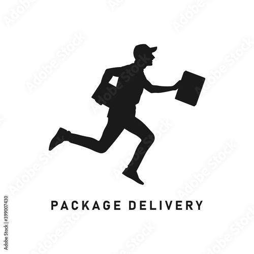 Delivery man black silhouette. Postman icon sign or symbol. Mailman logo. Running courier in a hurry holding package box or parcel. Fast shipment. Shipping service. Postal worker vector illustration. 