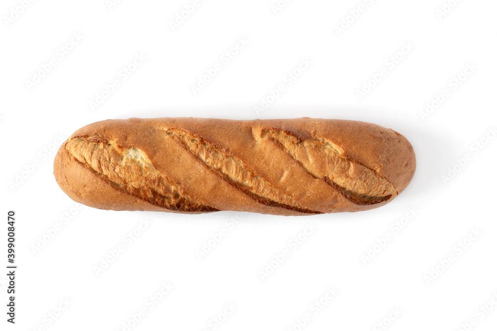 Long loaf of white wheat bread isolated on white background top view. Long loaf of white wheat bread isolated on white background top view.