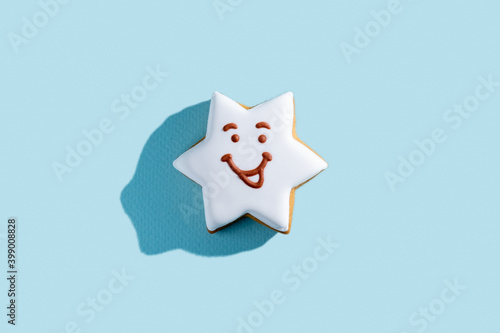 Shiny gingerbread cookies. Cute pastry. Festive bakery. Pretty cakes. Homemade decorated white icing smiling star figure biscuit isolated on blue pastel. photo