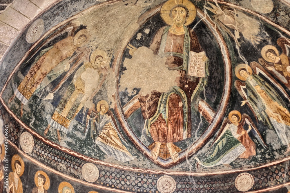 Detail of the fresco in the Basilica of the Holy Trinity of Saccargia. Codrongianos, Sardinia, Italy