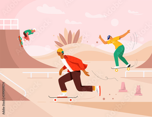 Happy people riding skateboards at skate park