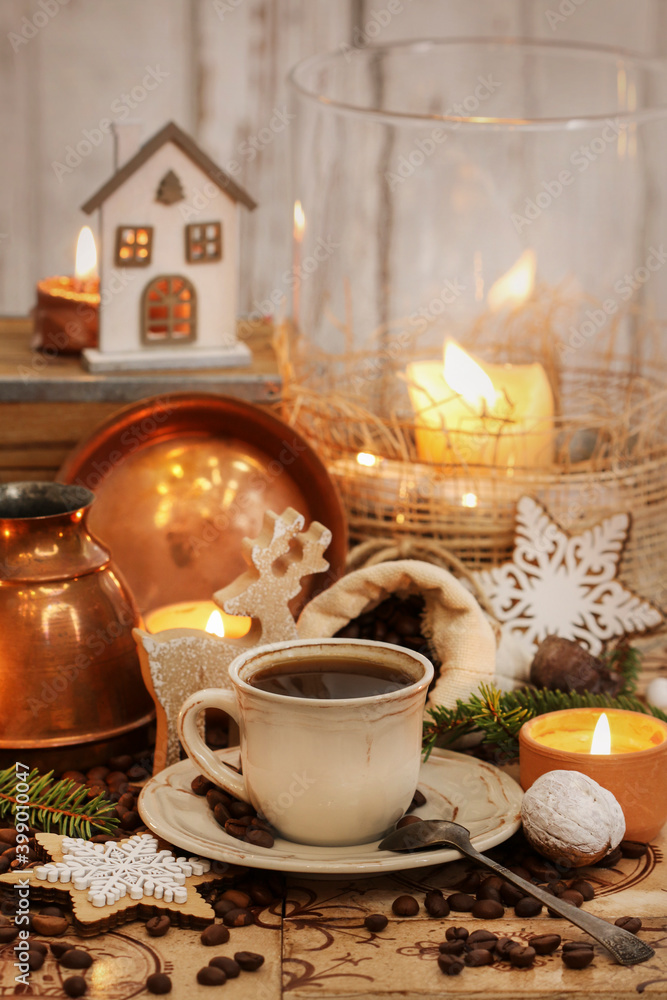 Cup of coffee and jute sack with raw grains on the table. Cup of coffee and jute sack with raw grains on the table.