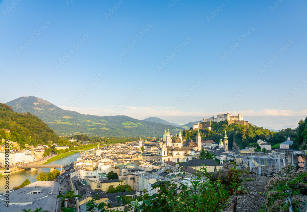 Salzburg cityscape with Festung Hohensalzburg fortress in the summer, Austria