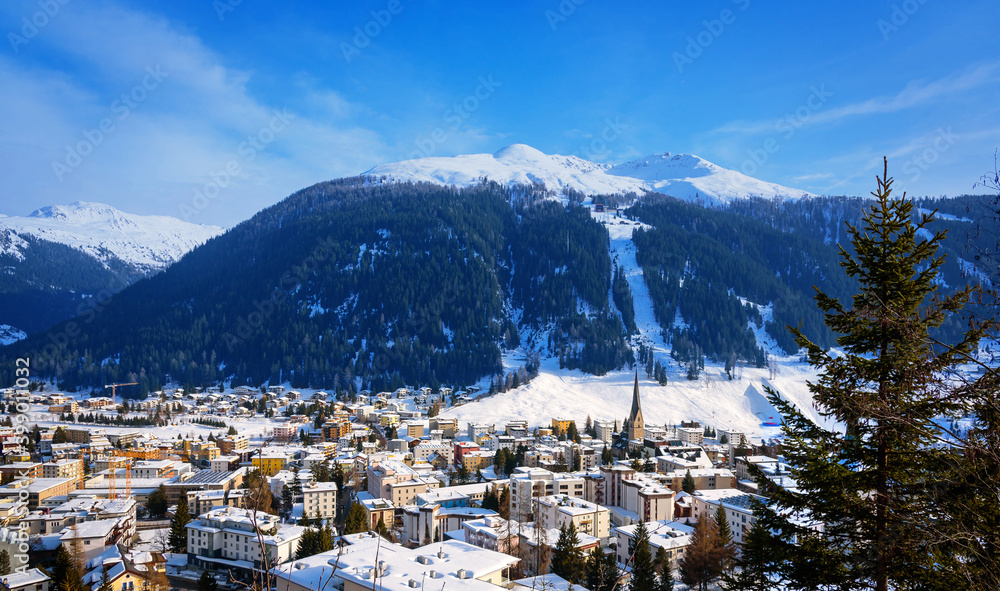Winter Landscape of famous Alpine ski resort DAVOS, SWITZERLAND.