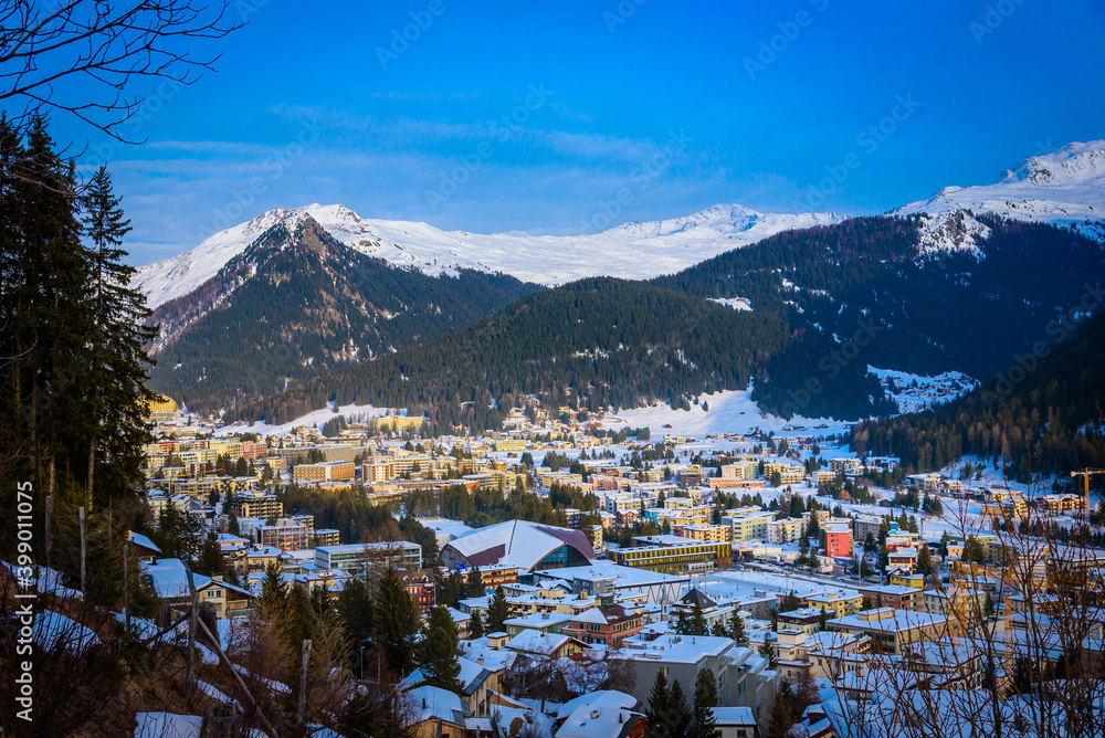 Winter Landscape of famous Alpine ski resort DAVOS, SWITZERLAND.