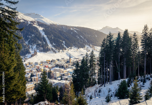 Winter Landscape of famous Alpine ski resort DAVOS, SWITZERLAND.