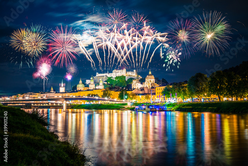 Fireworks display near Salzburg Festung Hohensalzburg fortress, Austria