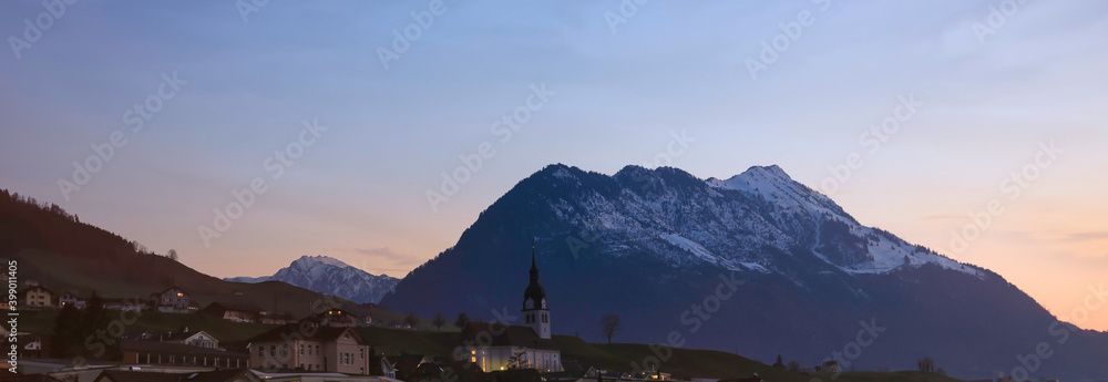 Panoramic view of beautiful winter wonderland mountain scenery in the Alps ,Switzerland