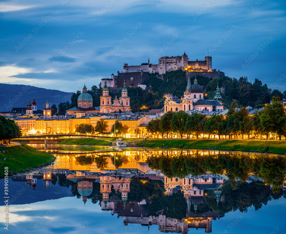 Beautiful morning scenery of Salzburg city with Hohensalzburg Fortress. Austria