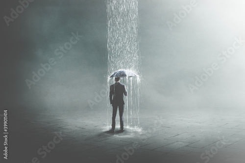 illustration of unlucky business man under rain, surreal concept photo