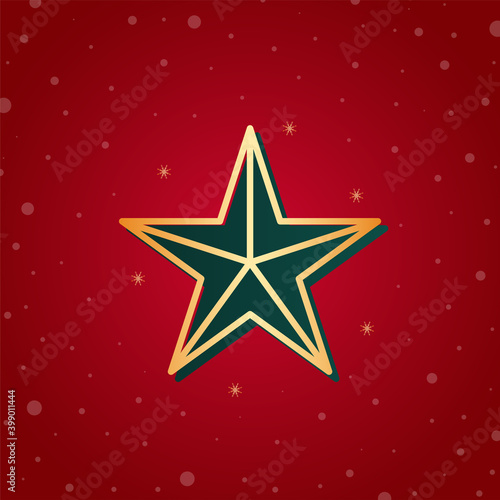 Christmas star icon in golden color. Happy Xmas decoration snowflakes red background.